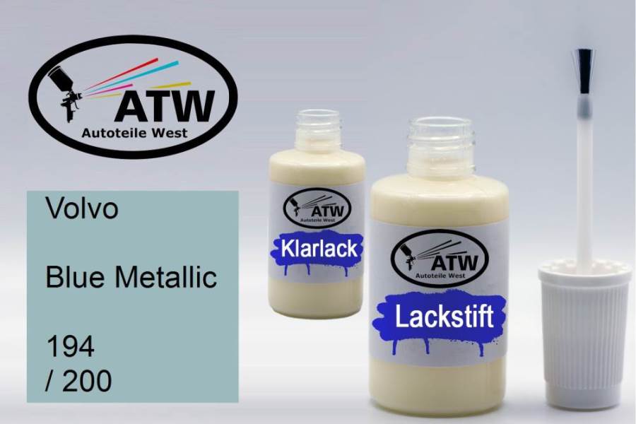 Volvo, Blue Metallic, 194 / 200: 20ml Lackstift + 20ml Klarlack - Set, von ATW Autoteile West.